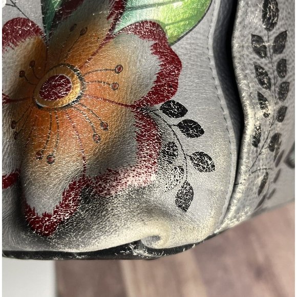 ANUSCHKA Handbag Garden of Eden Grey Floral Purse Tote Hand Painted Leather - Picture 3 of 14